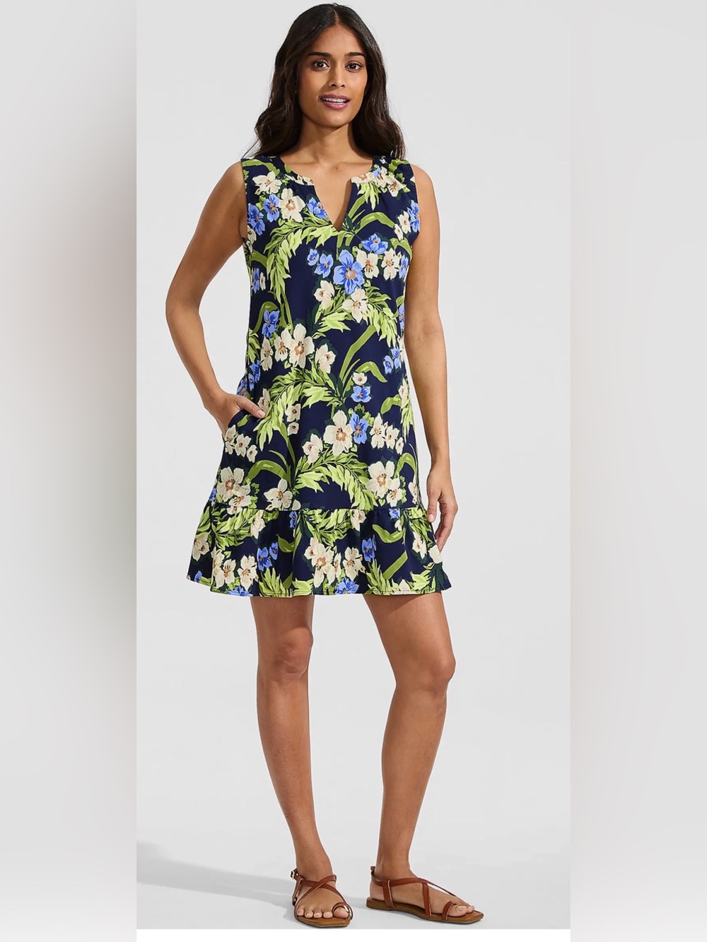Lands' End Navy Floral V-Neck Ruffle-Hem Mini Dress